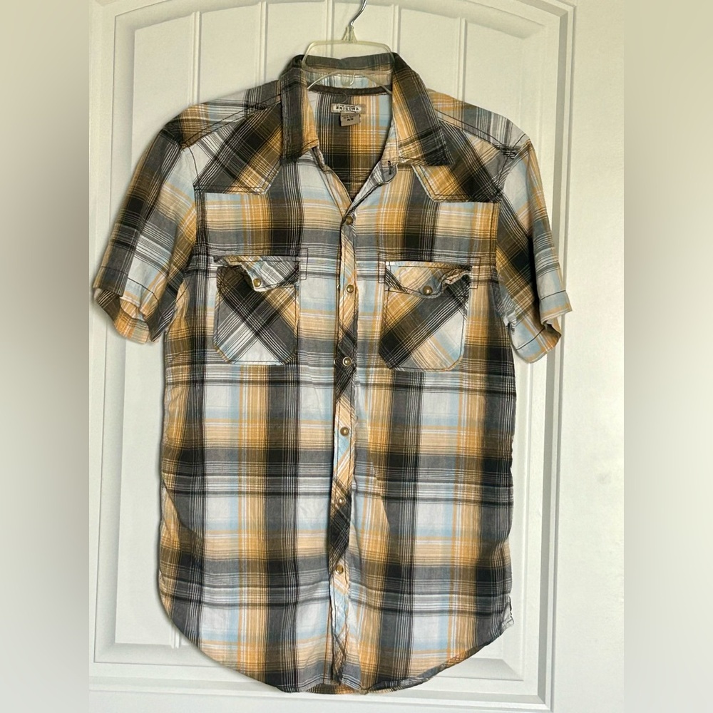 Arizona Men's Short-Sleeve Plaid Button-Up Shirt - Yellow, Black, Light Blue